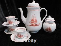 Wedgwood Flying Cloud Rust Sailing Ship Coffee Pot Sugar Demitasse Cups Saucers