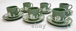 Wedgwood Jasperware Cream on Celadon Green Set of 6 Demitasse Cups Saucers-Mint