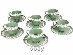 Wedgwood QueensWare Embossed Cream On Celadon Demitasse Cups Saucers (6) Green