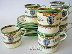 Wedgwood SHEERNESS (8) Demitasse Cups & Saucers Blue Cameo-Green Trim over Ivory