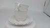 White Porcelain Demitasse Tea Cups Saucers Lattice Weave England Set 2 Vintage